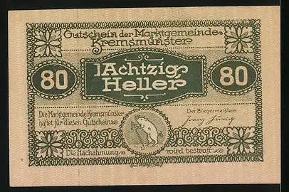 Notgeld Kremsmünster 1920, 80 Heller, Ortsansicht, Eber