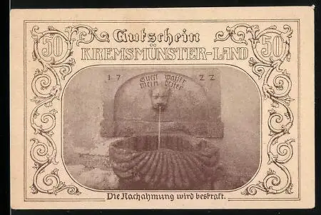 Notgeld Kremsmünster-Land 1920, 50 Heller, Eichentor, Brunnen