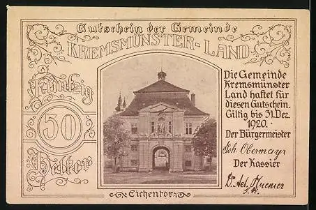 Notgeld Kremsmünster-Land 1920, 50 Heller, Eichentor, Brunnen