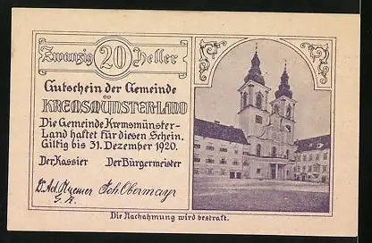 Notgeld Kremsmünster-Land 1920, 20 Heller, Tassilobecher, Stift