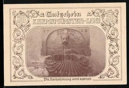 Notgeld Kremsmünster-Land 1920, 50 Heller, Eichentor, Brunnen