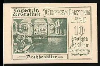 Notgeld Kremsmünster-Land 1920, 10 Heller, Fischbehälter, Sternwarte und Stift
