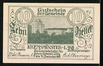 Notgeld Kremsmünster-Land 1920, 10 Heller, Fischbehälter, Sternwarte und Stift