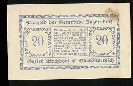 Notgeld Inzersdorf 1920, 20 Heller, Inzerstorff 1674, Sichel, Sense, Dreizack