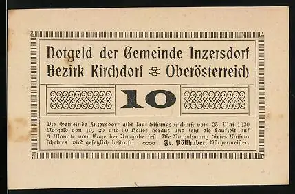 Notgeld Inzersdorf 1920, 10 Heller, Inzerstorff 1674, Sichel, Sense, Dreizack