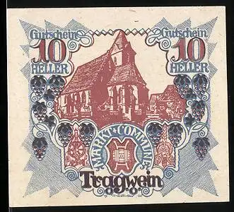 Notgeld Tragwein 1920, 10 Heller, Kirche, Trauben, Wappen, Ornamente