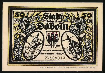 Notgeld Döbeln 1921, 50 Pfennig, Neues Rathaus, Kirche, Rüstung mit Pfeilen, Staupitzens Gattin fleht um Gnade, Wappen