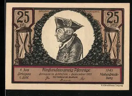 Notgeld Striegau i. Schl. 1921, 25 Pfennig, Friedrich der Grosse, Sanduhren, Kreuz auf dem Spitzberg