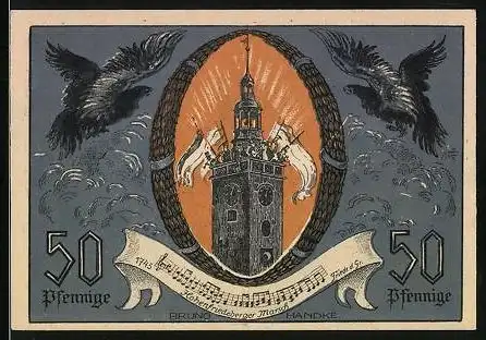 Notgeld Striegau i. Schl. 1921, 50 Pfennig, Friedrich der Grosse, Fliegende Adler, Hohenfriedeberger Marsch