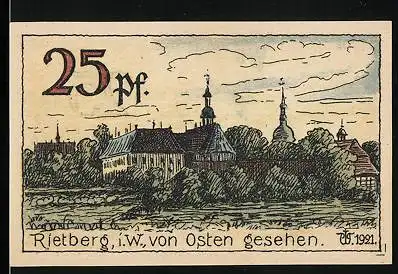 Notgeld Rietberg i. W. 1921, 25 Pfennig, Siegel, Ortsansicht von Osten