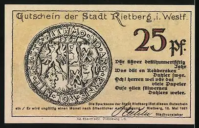 Notgeld Rietberg i. W. 1921, 25 Pfennig, Siegel, Ortsansicht von Osten