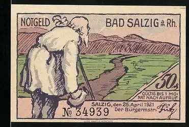 Notgeld Bad Salzig /Rh. 1921, 50 Pfennig, Durstiger Wanderer, Ortsansicht mit Rhein