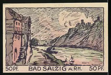Notgeld Bad Salzig /Rh. 1921, 50 Pfennig, Durstiger Wanderer, Ortsansicht mit Rhein
