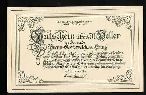 Notgeld Pram ob der Enns 1920, 50 Heller, Schloss Feldegg, Wappen