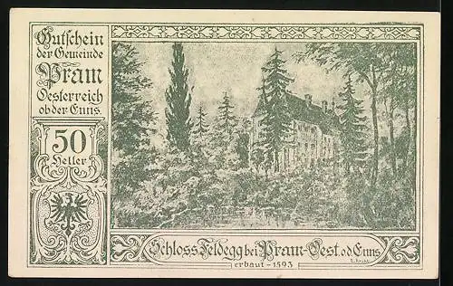 Notgeld Pram ob der Enns 1920, 50 Heller, Schloss Feldegg, Wappen