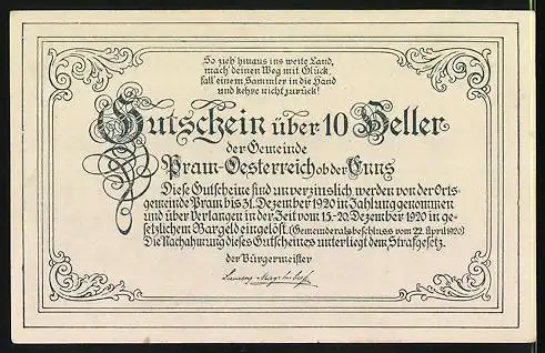 Notgeld Pram ob der Enns 1920, 10 Heller, Pram im Jahre 1777