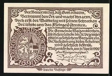 Notgeld Waizenkirchen 1920, 50 Heller, Ortspartie, Wappen