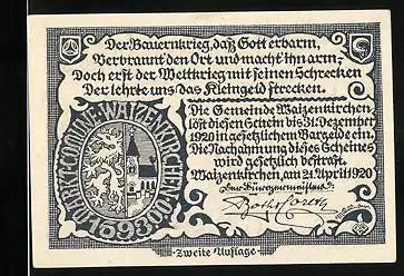 Notgeld Waizenkirchen 1920, 20 Heller, Ortsansicht, Wappen, Trachtenpaar