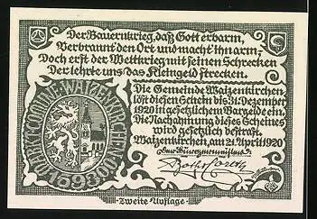 Notgeld Waizenkirchen 1920, 10 Heller, Festung, Wappen