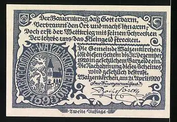 Notgeld Waizenkirchen 1920, 20 Heller, Ortsansicht, Trachtenpaar, Wappen