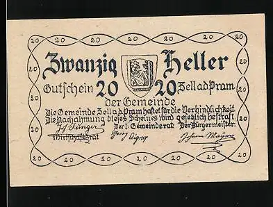 Notgeld Zell a. d. Pram 1920, 20 Heller, Bräuhaus, Wappen