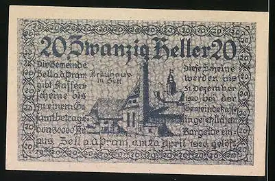 Notgeld Zell a. d. Pram 1920, 20 Heller, Bräuhaus, Wappen