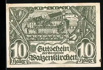 Notgeld Waizenkirchen 1920, 10 Heller, Festung, Waffen, Wappen