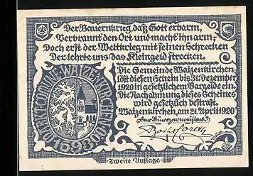Notgeld Waizenkirchen 1920, 20 Heller, Ortsansicht, Trachtenpaar, Wappen