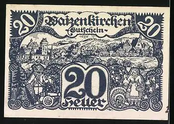 Notgeld Waizenkirchen 1920, 20 Heller, Ortsansicht, Trachtenpaar, Wappen