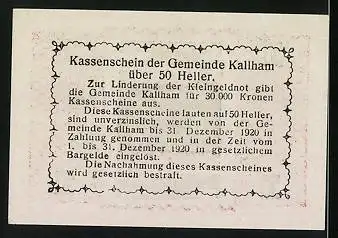 Notgeld Kallham 1920, 50 Heller, Ortsansicht, Ornamente