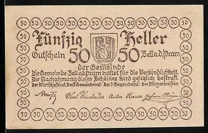 Notgeld Zell a. d. Pram 1920, 50 Heller, Ortsansicht, Wappen