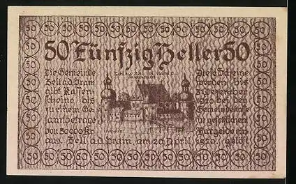 Notgeld Zell a. d. Pram 1920, 50 Heller, Ortsansicht, Wappen