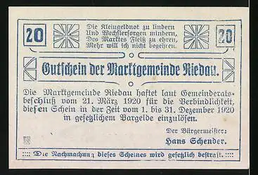 Notgeld Riedau 1920, 20 Heller, Wappen, Ornamente