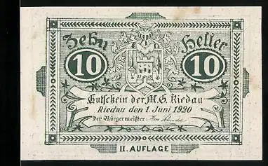 Notgeld Riedau 1920, 10 Heller, Wappen, Ornamente