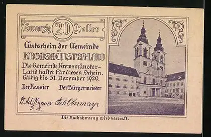 Notgeld Kremsmünster-Land 1920, 20 Heller, Tassilobecher, Stift