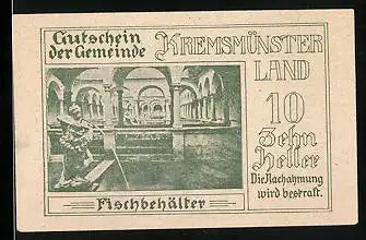 Notgeld Kremsmünster-Land 1920, 10 Heller, Fischbehälter, Sternwarte und Stift