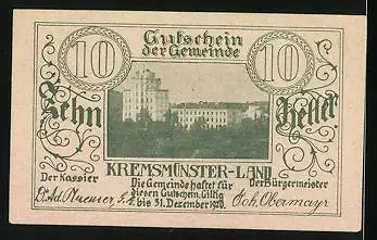 Notgeld Kremsmünster-Land 1920, 10 Heller, Fischbehälter, Sternwarte und Stift