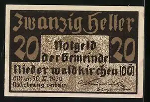 Notgeld Niederwaldkirchen 1920, 20 Heller, Schloss mit Kirche