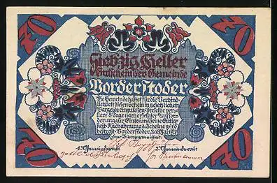 Notgeld Vorderstoder 1922, 70 Heller, Ortspartie mit Kirche, Ornamente