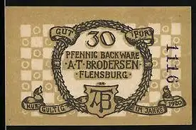 Notgeld Flensburg 1920, 30 Pfennig, Backware A. T. Brodersen, Ortsansicht, Wappen