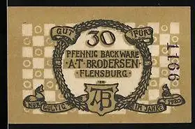 Notgeld Flensburg 1920, 30 Pfennig, Backware A. T. Brodersen, Ortsansicht, Wappen