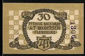 Notgeld Flensburg 1920, 30 Pfennig, Backware A. T. Brodersen, Ortsansicht, Wappen