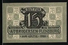 Notgeld Flensburg 1920, 15 Pfennig, Backware A. T. Brodersen, Wappen mit Löwen und Brezel
