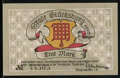 Notgeld Glücksburg 1920, 1 Mark, Wappen, Schloss Glücksburg