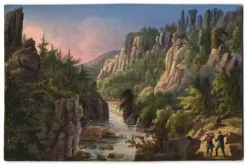 Lithographie Bodethal, Wanderer mit Blick zur Teufelsbrücke, Lithographie von Gust. Täubert, Dresden um 1850, 11 x 7cm