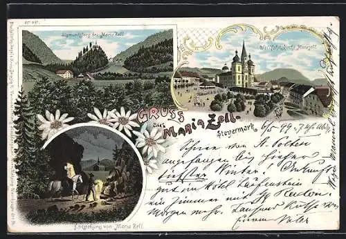 Lithographie Maria Zell, Wallfahrtskirche, Sigmundsberg mit Umgebung