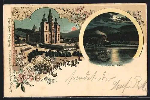 Lithographie Mariazell, Herrenhaus am Erlassee, Geistliche laufen über den Kirchplatz