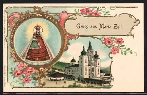 Lithographie Maria Zell, Ansicht der Kirche, Heilige Maria mit Christuskind