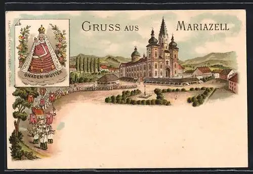 Lithographie Mariazell, Wallfahrtskirche mit Prozession und Gnaden-Mutter