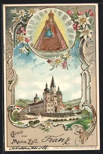 Präge-Lithographie Maria Zell, Heilige Maria über der Kirche